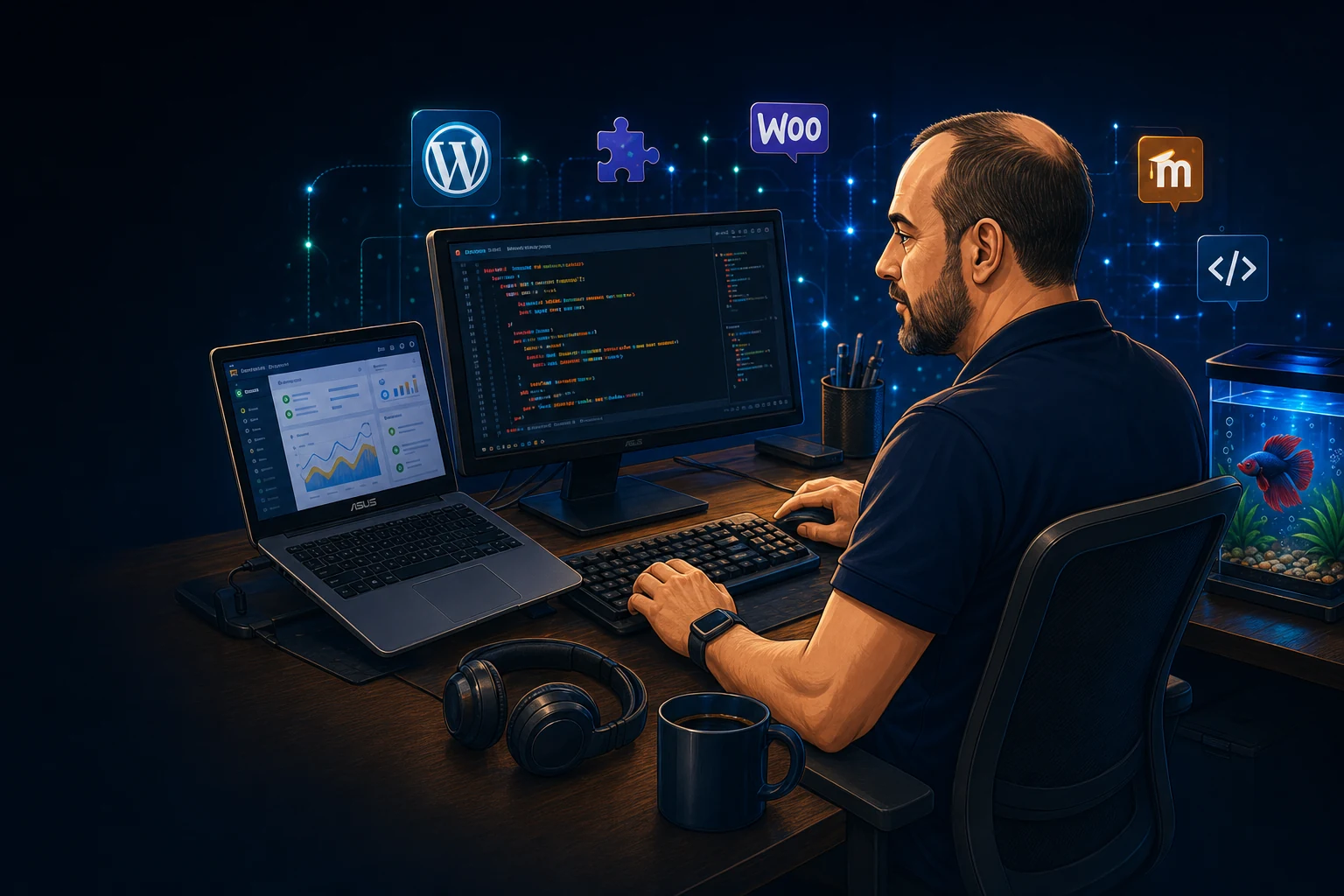 Ednilson Herlemann em uma estação de trabalho com notebook ASUS, monitor, headset e aquário com peixe beta